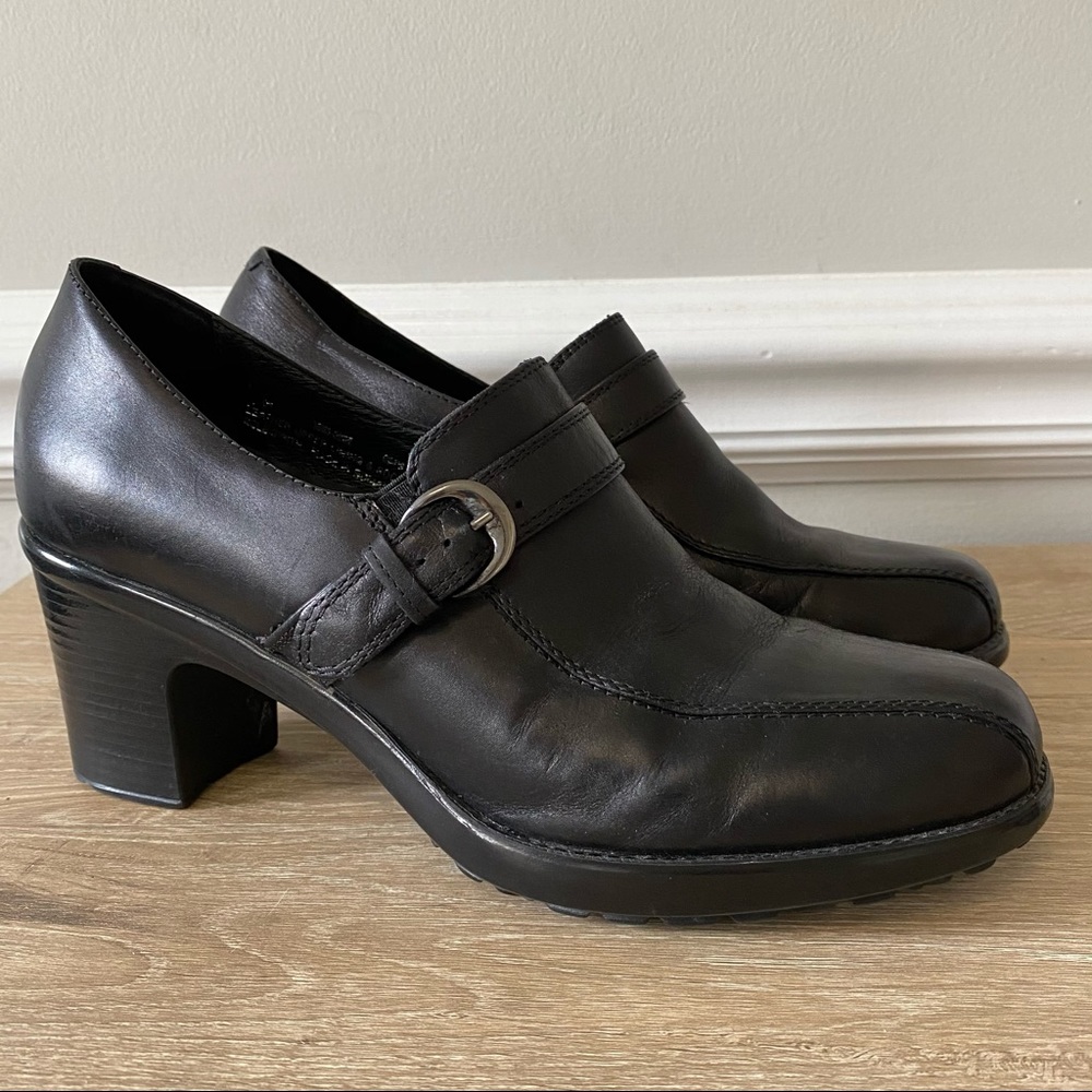 Dansko Norah Black Leather Shootie Heel Pump w/ Buckle Accent